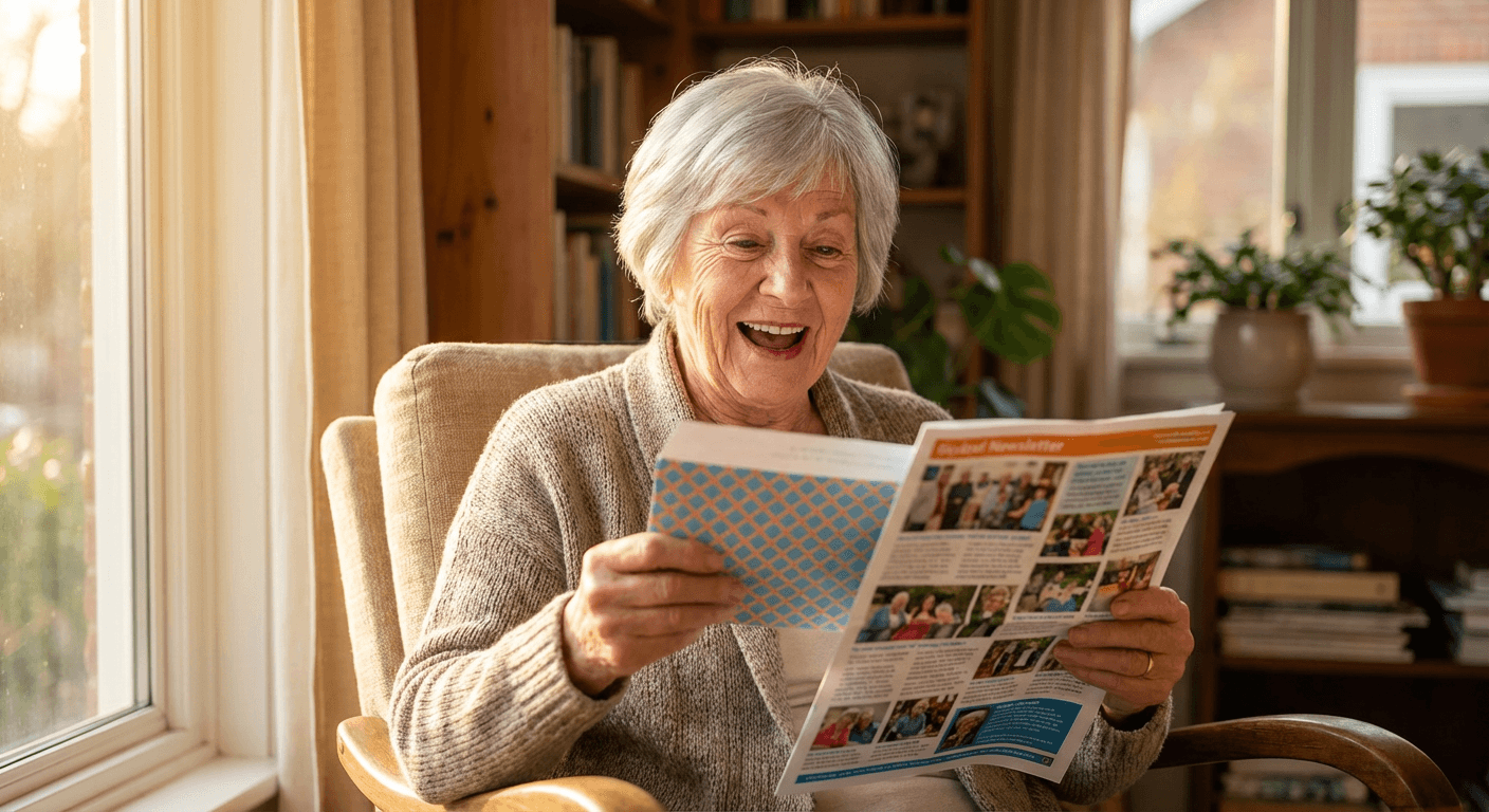 Grandmother joyfully reading a Family Press newsletter
