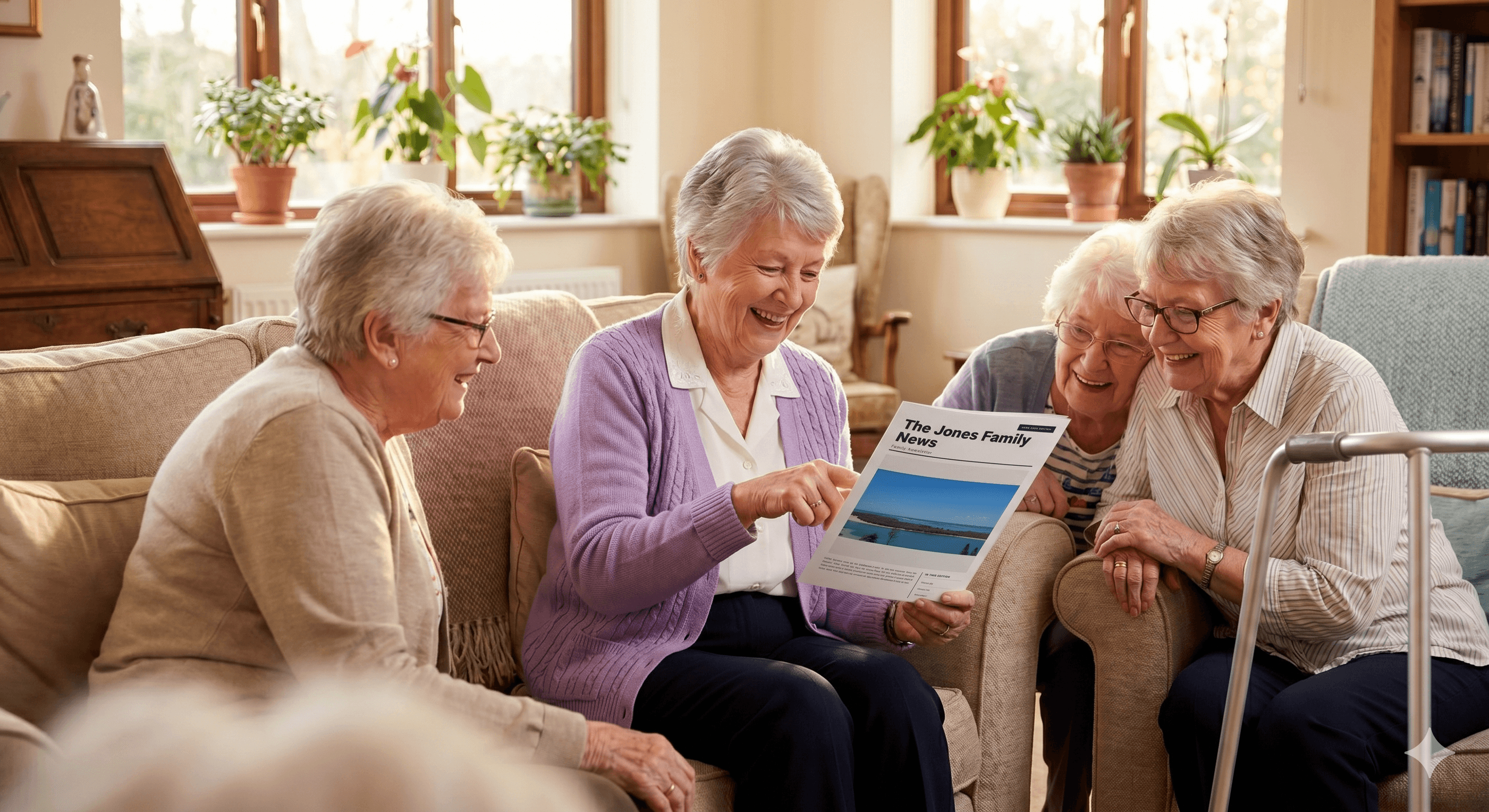 Friends gathered together, sharing a Family Press newsletter